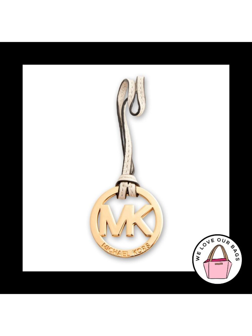 MICHAEL KORS Gold Brass White Leather Strap Bag Charm Hang Tag Keychain Fob